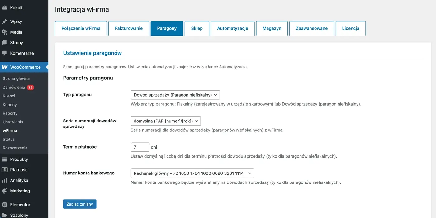 Ustawienia paragonów w integracji wFirma
