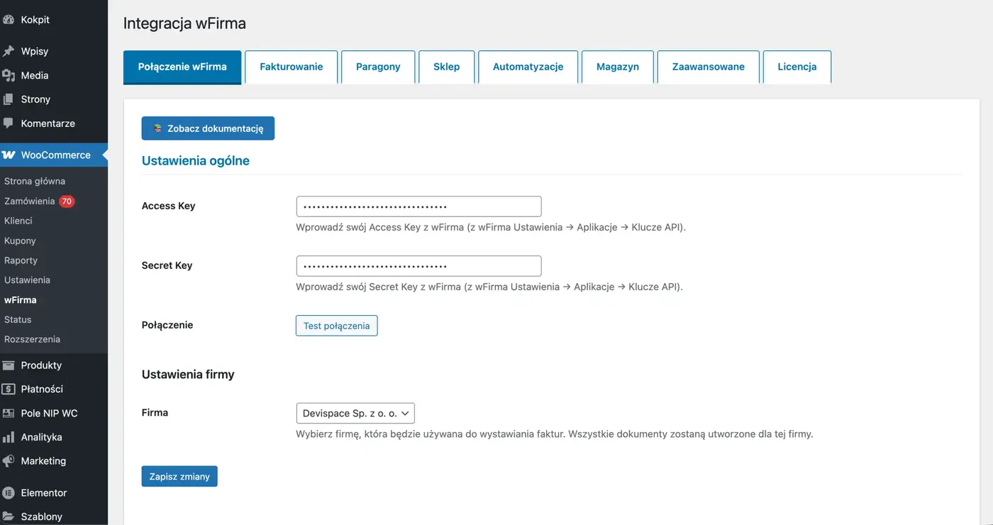 Zakładka Połączenie wFirma: Access Key, Secret Key, test połączenia i wybór firmy