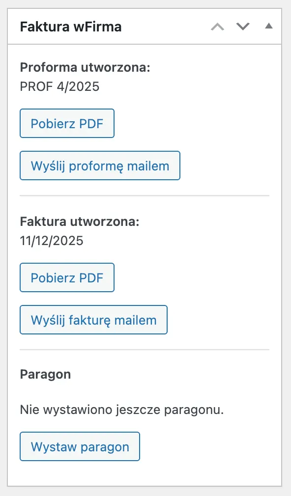 Sekcja paragonu na karcie zamówienia WooCommerce